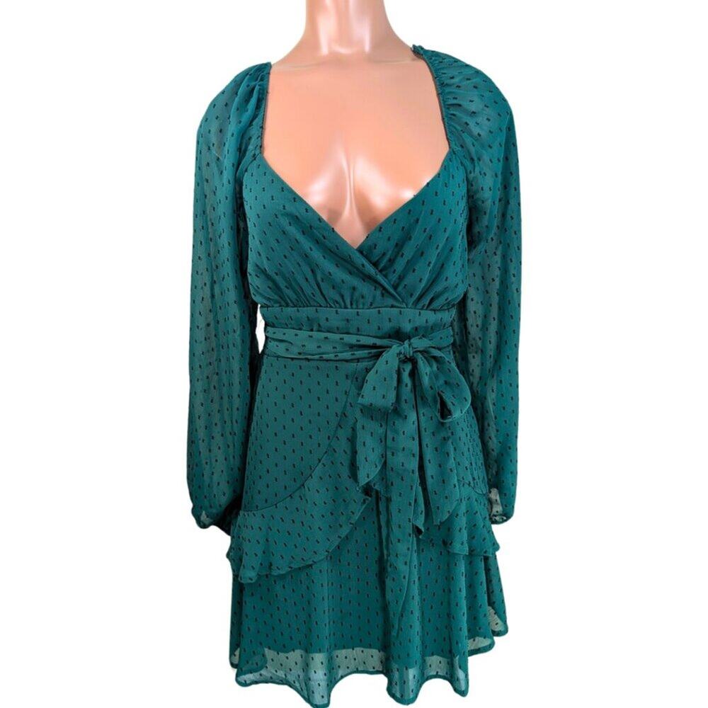 Trixi Juniors 7 Green Polka Dot Sheer Lined Ruffle Long Sleeve Mini Party Dress